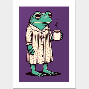 Sleepy tired frog with coffee Posters and Art